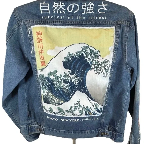 Brooklyn Cloth Light Blue Denim Jacket with Graphic Patches - Picture 2 of 3